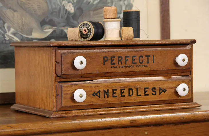 Oak Antique 1890 Perfecti Needle Box, Jewelry Chest