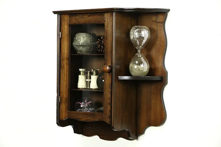 Ash & Oak 1900 Antique Medicine Chest or Hanging Wall Cupboard, Side Shelf