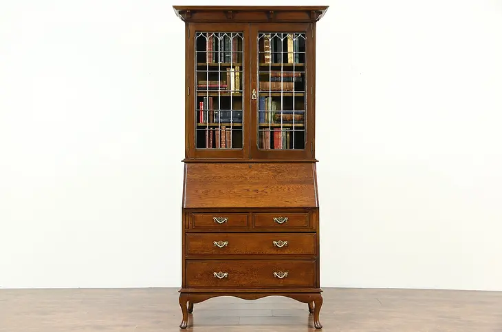 English Oak Antique 1915 Secretary Desk, Leaded Glass Bookcase Top