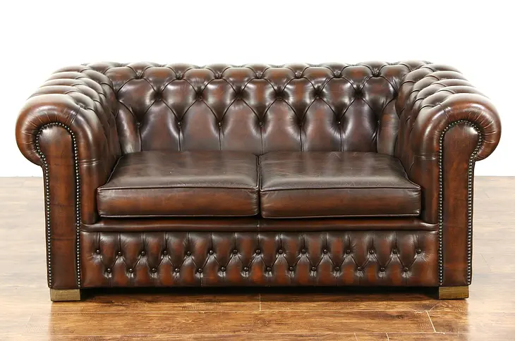 Chesterfield Tufted Brown Leather Vintage Scandinavian Loveseat
