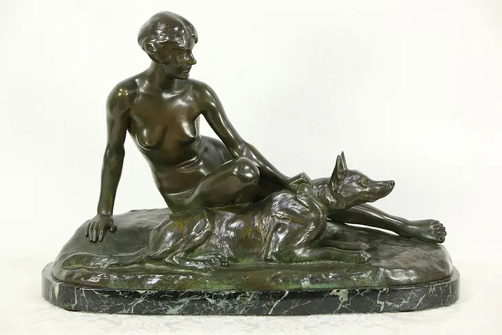 Art Deco Bronze Sculpture of a Young Woman & Dog, Signed Louis Riche 1926