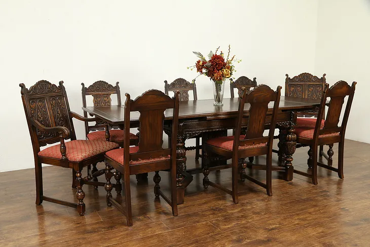 English Tudor Antique Carved Oak Dining Set, Table & Leaves, 8 Chairs #32006