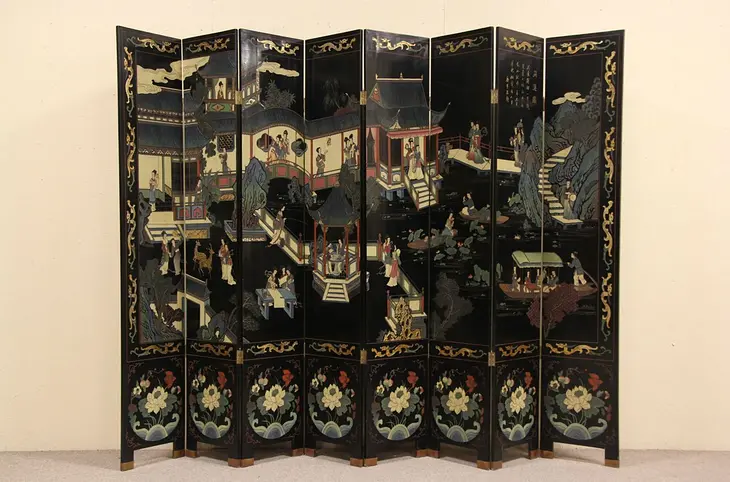 Coromandel 8 Panel Hand Carved Lacquer Vintage Chinese Screen