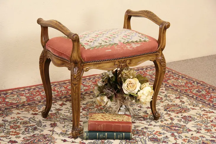 French Carved 1920 Stool or Bench, Needlepoint Upholstery