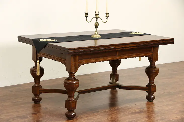 Dutch Renaissance 1890 Antique Oak & Rosewood Library Dining Writing Table