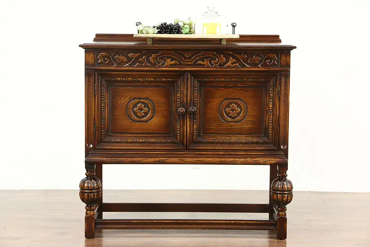 English Tudor Style 1920 Antique Carved Oak Huntboard, Server or Sideboard