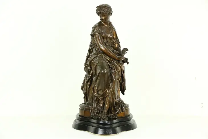 Classical Antique French Sculpture of Young Woman with Torch, Signed Hip Moreau