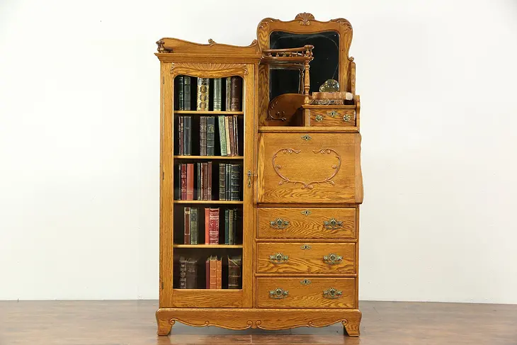 Victorian Carved Oak Antique 1900 Side by Side Secretary Desk & Bookcase