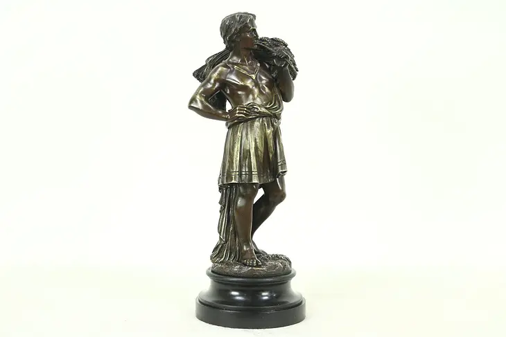 Bronze Antique Sculpture of Roman Farmer in Tunic with Wheat, Signed Boyer