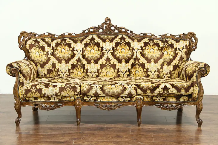 Baroque Style Large Carved Fruitwood Vintage Sofa, Italy