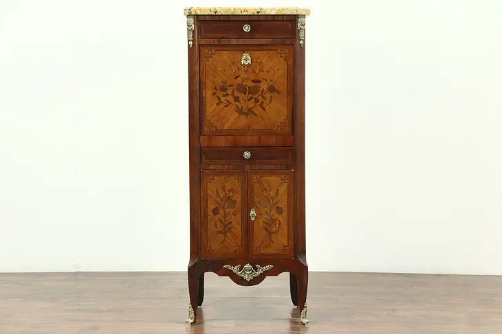 Marble Top Antique Marquetry Jewelry Chest & Secretary Desk, France  #28702