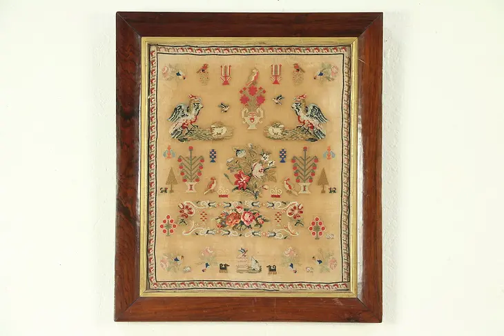 Sampler, 1830's Antique Hand Stitched Birds, Dogs & Flowers, England #28944