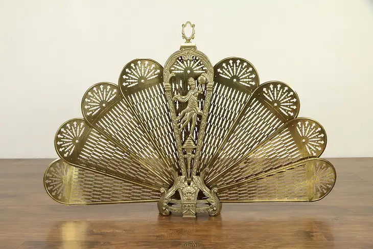 Peacock Fan & Dancer Brass Vintage Folding Fireplace Screen #30841