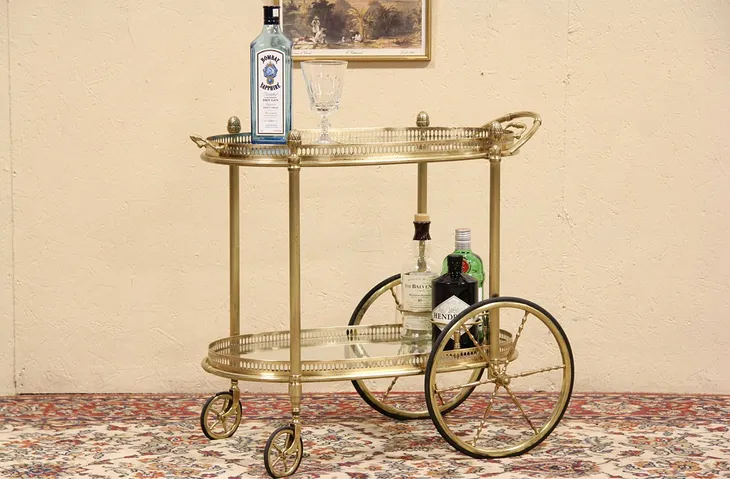 Brass Vintage Oval Tea Cart, Beverage or Dessert Trolley