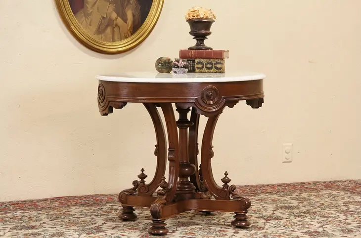 Victorian Oval Marble Top 1870 Antique Parlor Lamp Table