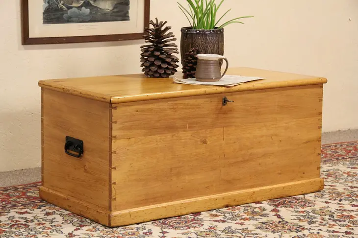 Pine Hand Dovetailed Antique Late 1800's Immigrant Trunk or Chest, Coffee Table