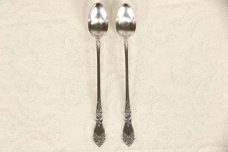 Pair Antique 1900 Silverplate Hibiscus Flower Ice Tea Spoons, Signed Wallingford