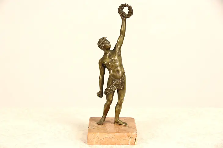 Bronze Sculpture, Olympic Athlete with Laurel Victory Wreath, Salmon Marble Base