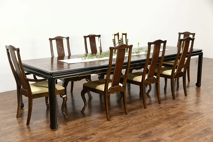Drexel Heritage Connoisseur Chinese Motif Vintage Dining Set, Table, 8 Chairs