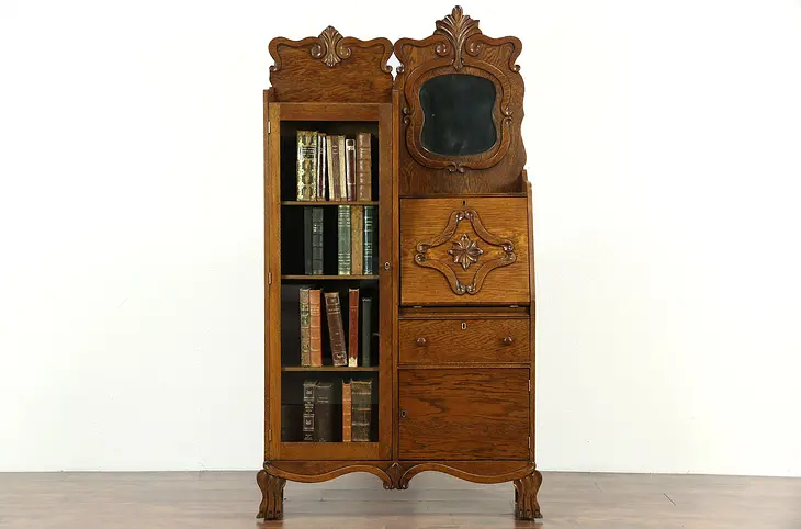 Victorian Antique 1900 Carved Oak Side by Side Secretary Desk & Bookcase
