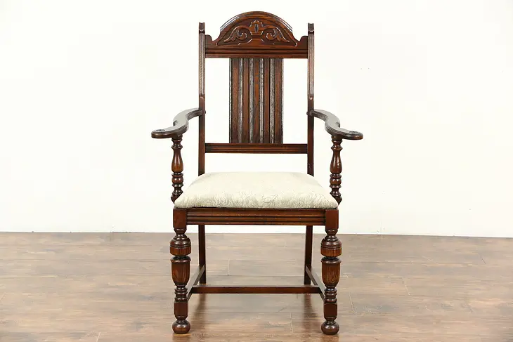 English Tudor Oak 1920 Antique Desk Chair or Dining Armchair, New Upholstery