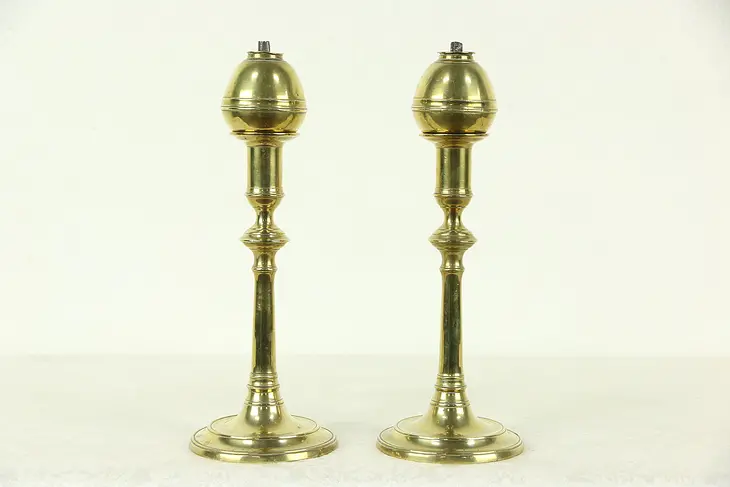 Pair of Brass Antique 1850 Candlesticks with Whale Oil Lamp Burners, Newport RI