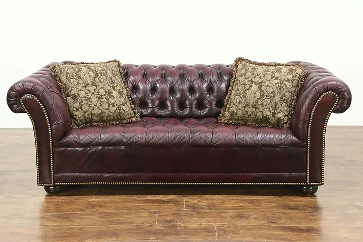 Chesterfield Leather Tufted Vintage Sofa, Brass Nailhead Trim