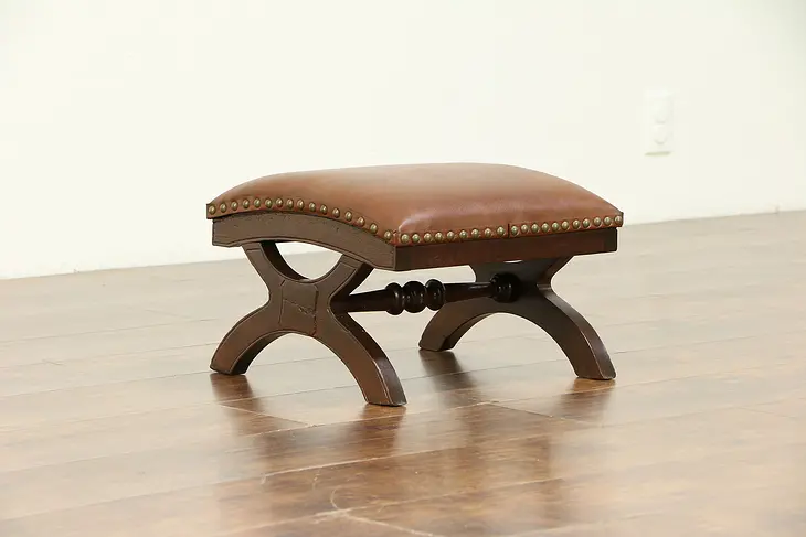 Victorian Antique 1880 Walnut Foot Stool, Leather Upholstery #30465
