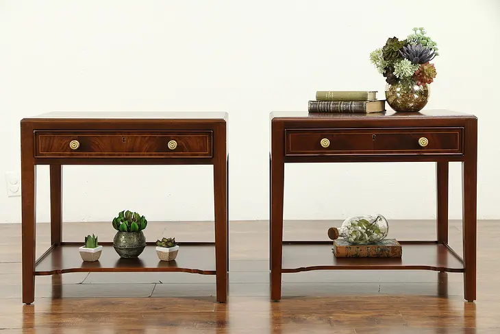 Pair of Banded Flame Mahogany End Tables or Nightstands, Southampton #31722