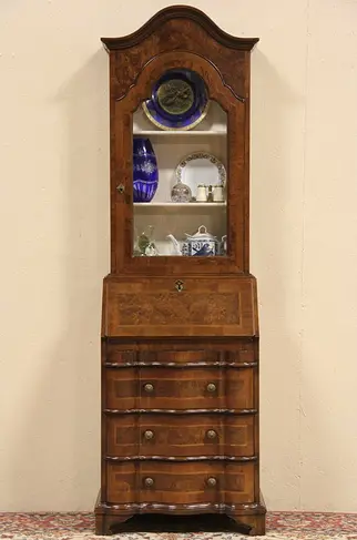 Narrow Vintage Secretary Desk, Curio Display Top