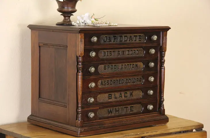 Coats Cherry 1880 Antique 6 Drawer Spool Cabinet, Jewelry Chest