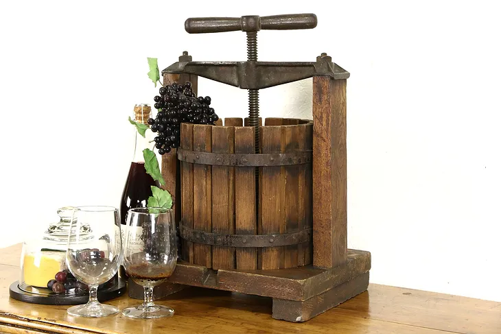 Grape, Wine, Fruit or Cider Press, 1900 Antique Oak & Iron