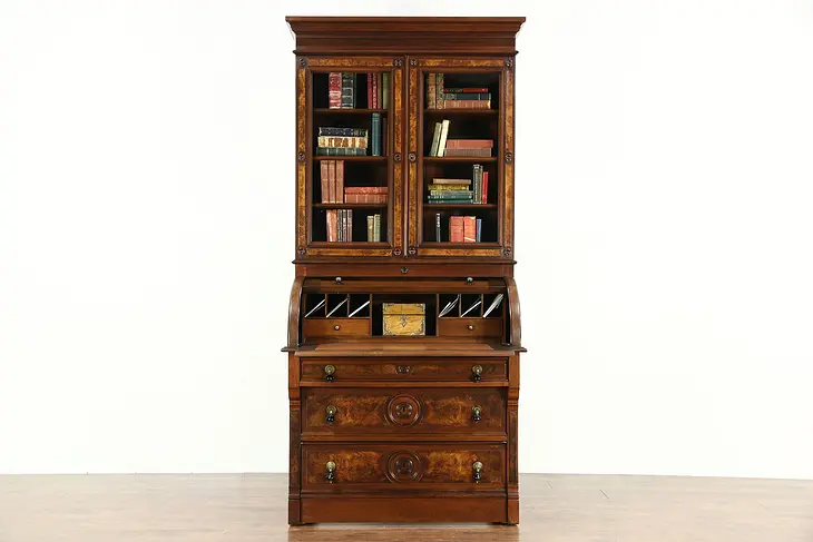 Victorian Renaissance Antique Walnut Cylinder Roll Top Secretary Desk & Bookcase