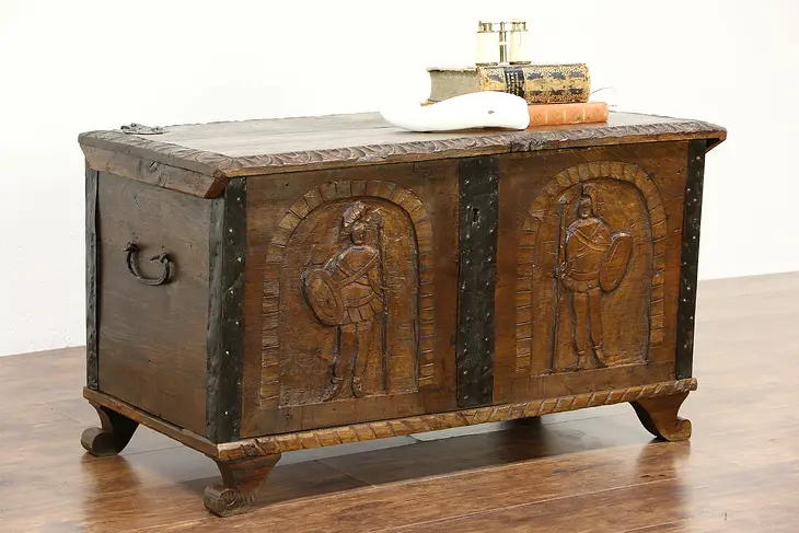 Norwegian 1750 Antique Oak Trunk or Dowry Chest, Hand Carved Soldiers