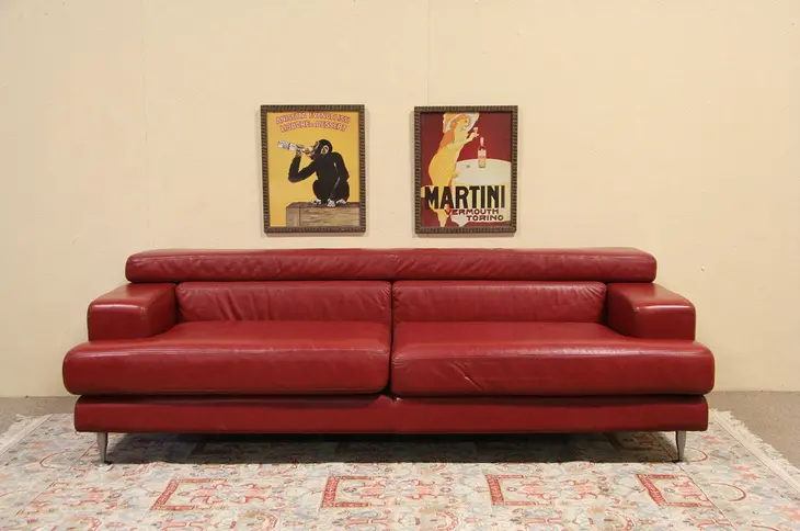 Divani Italian Red Leather Vintage Sofa, 7' Long