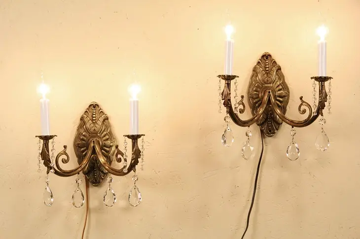 Pair of 1930's Vintage Brass Wall Sconce Lights, Crystal Prisms