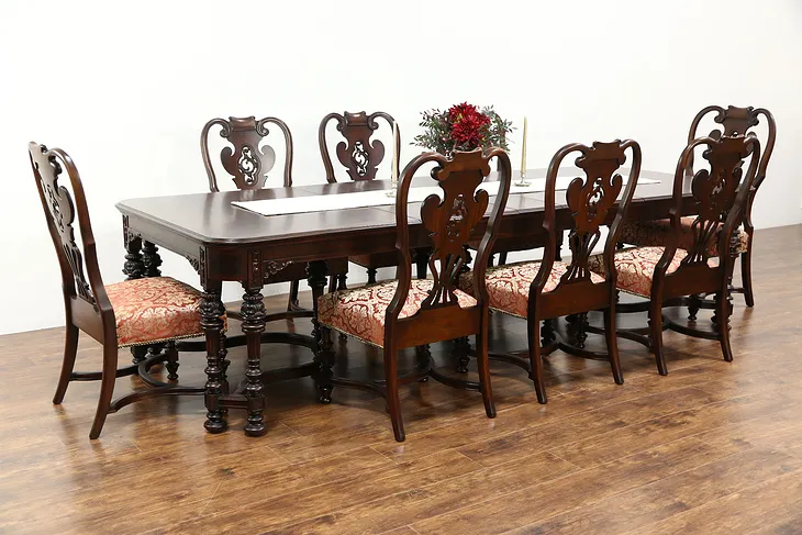 Carved Walnut & Burl 1915 Antique Dining Set, Table & 8 Chairs Signed Scholles