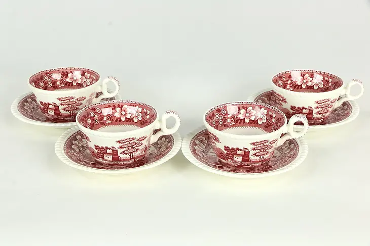 Four Spode Red or Pink Tower Cups and Saucers, Stains, Crazing, Chips