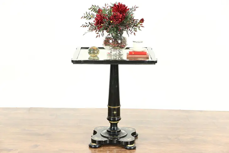Ebonized & Pearl Hand Painted Inlaid Tea, Game, End or Lamp Table