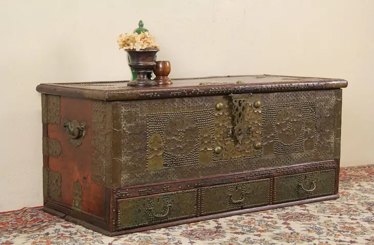 Middle Eastern Teak Trunk, Chest or Coffee Table, Brass Mounts