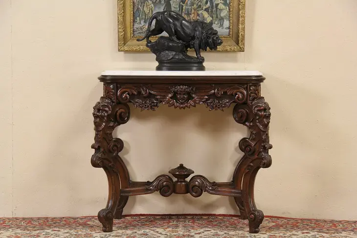 Marble Top Antique 1900 Hall Console Table, Carved Angel & Gargoyles
