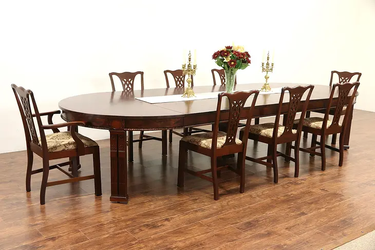 Georgian 1915 Antique Mahogany Dining Set, 5' Table Extends 12 1/2,' 8 Chairs
