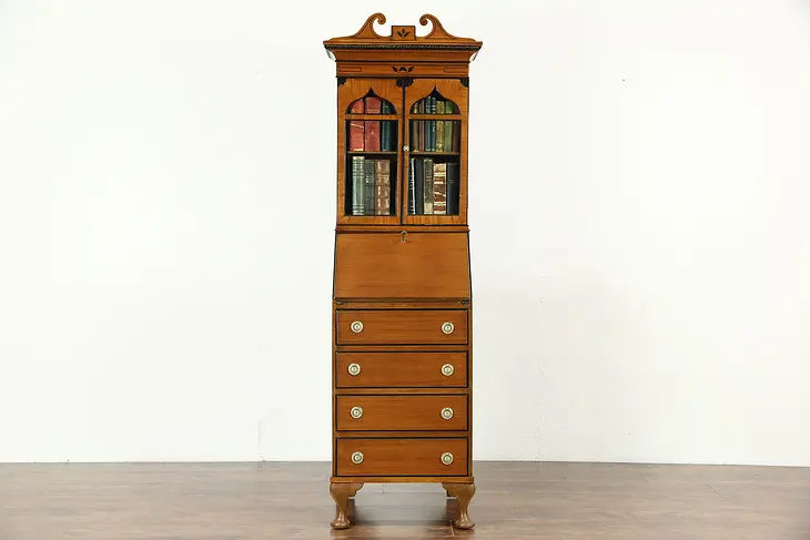 English 1920 Antique Secretary Desk & Bookcase, Satinwood & Ebony Marquetry