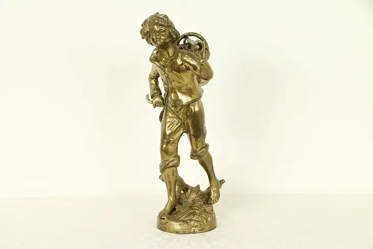 Wine Grape Harvest Sculpture, Vintage Cast Brass Statue of a Young Man #30830
