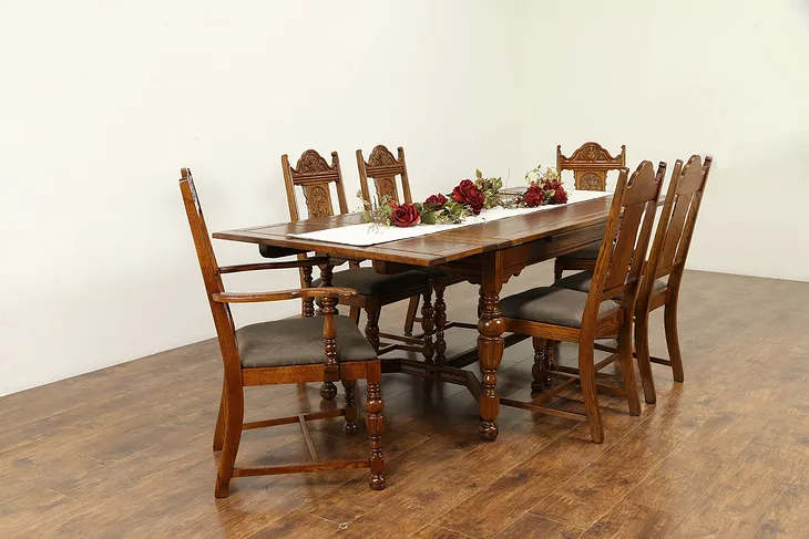 Bernhardt Signed Antique English Tudor Oak Dining Set, Table, 6 Chairs