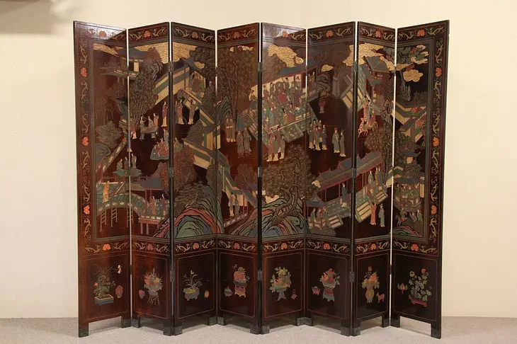 Chinese Cormomandel 8 Panel Hand Painted Screen