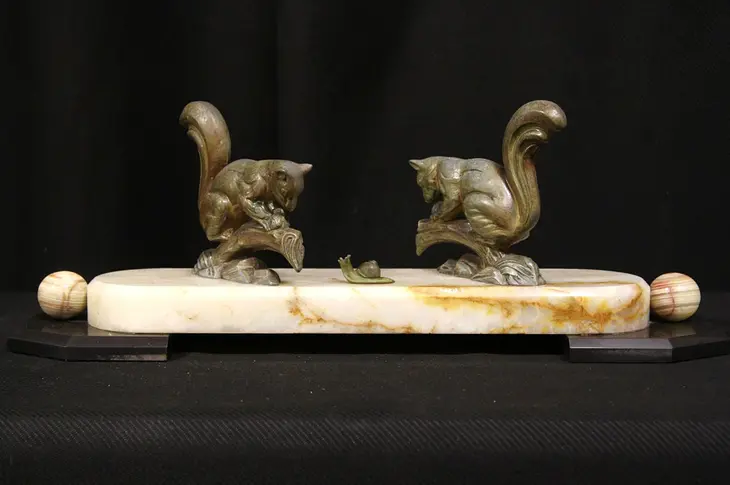 French Art Deco 1925 Onyx & Marble Squirrel & Snail Sculpture