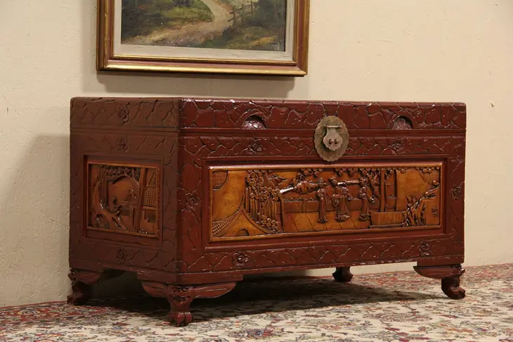 Chinese Carved 1930 Trunk, Dowry Chest or Coffee Table