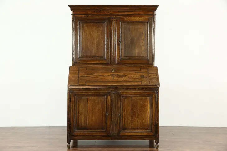 Dutch Antique 1780 Rustic Oak Hand Crafted Secretary Desk, Bookcase Top