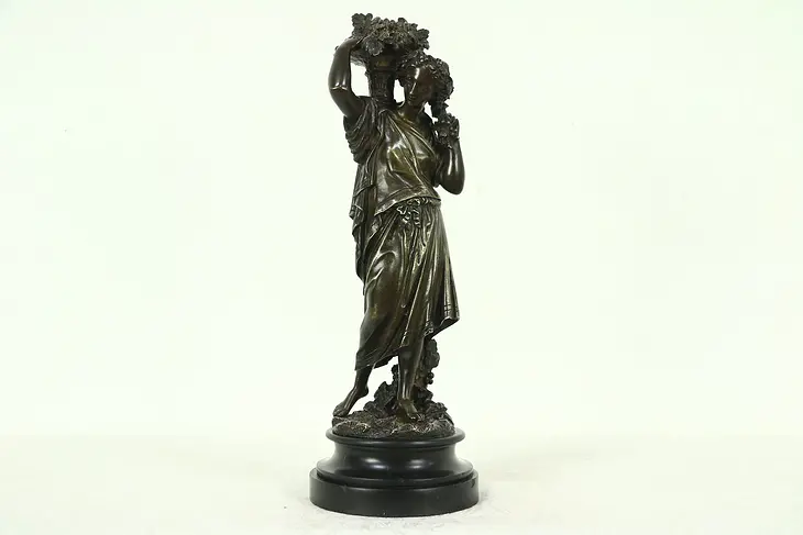 Bronze Antique Sculpture of Roman Young Woman with Grapes, Signed Boyer